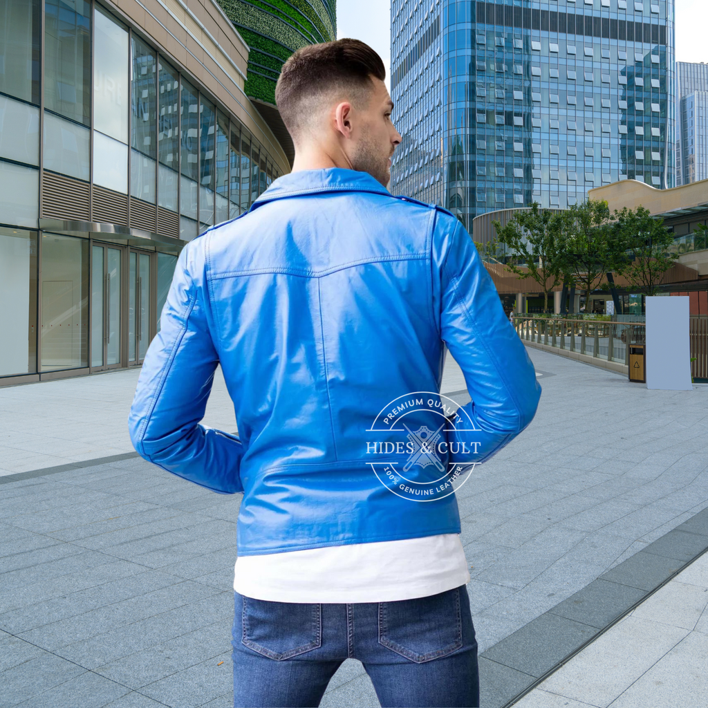 Mens Cobalt Blue Belted Motorcycle Biker Genuine Leather Jacket