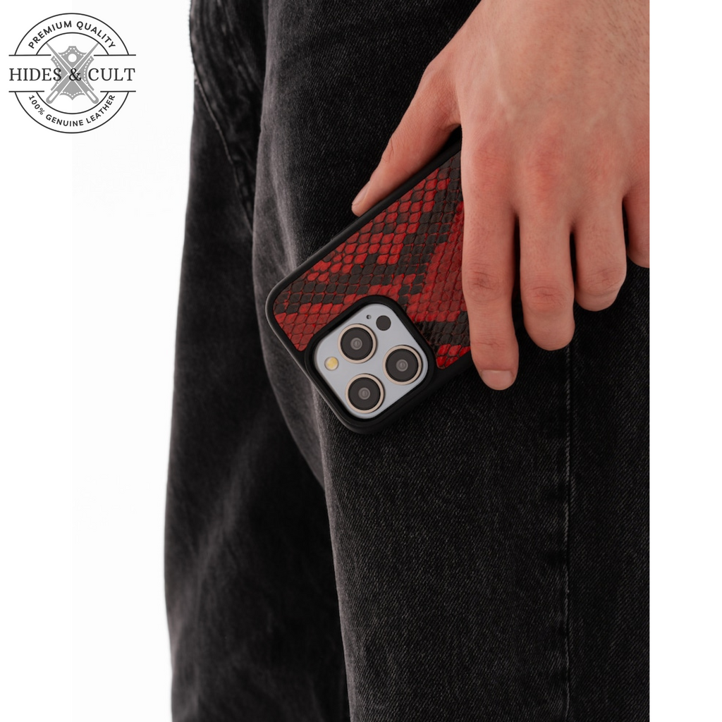 Luxury Red Exotic Python Print Shockproof Genuine Leather Iphone Case