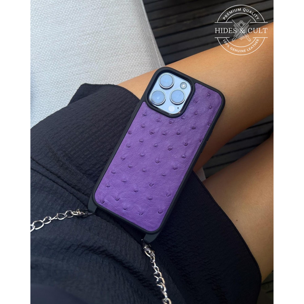 Luxury Purple Ostrich Print Shockproof Genuine Leather Iphone Case