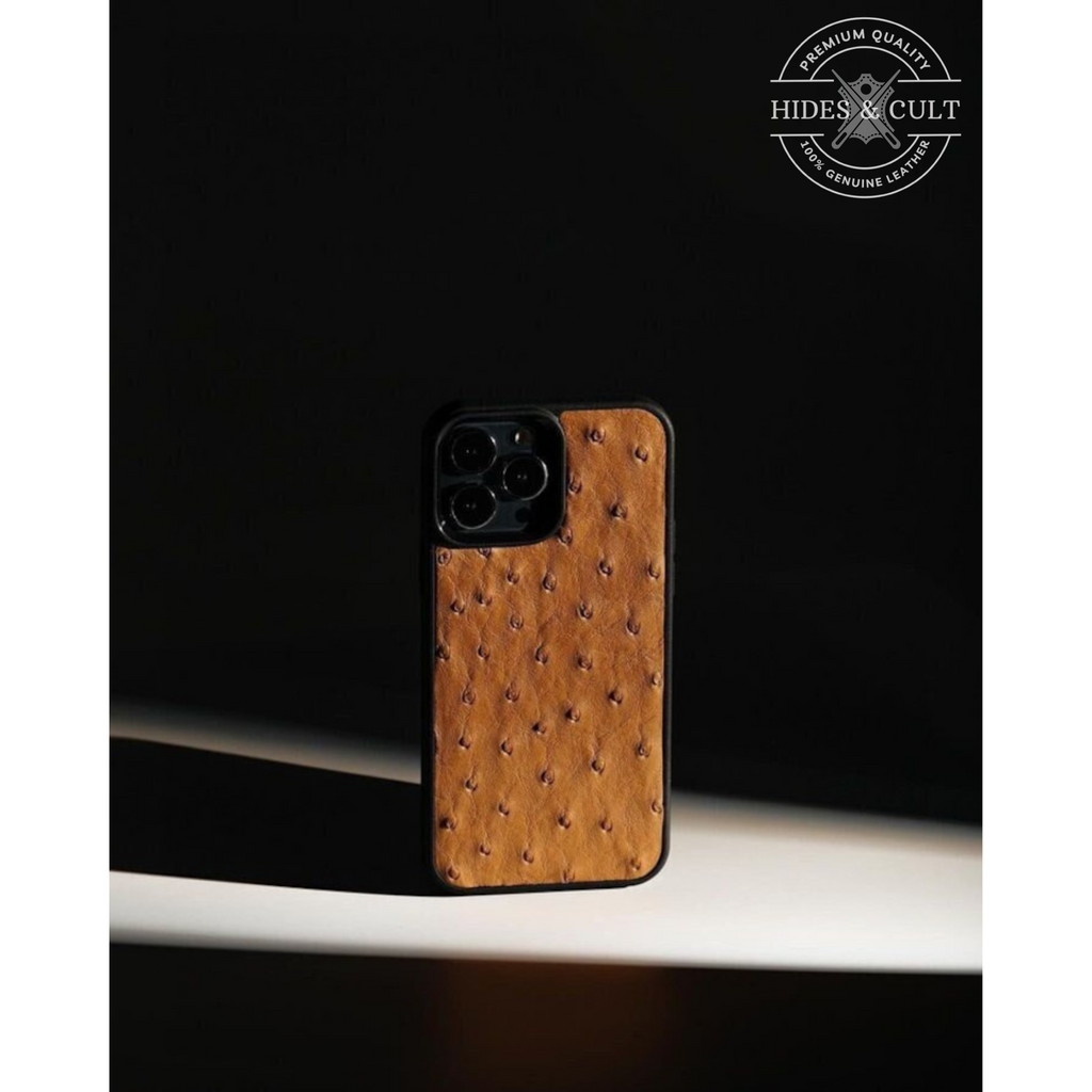 Luxury Tan Brown Ostrich Print Shockproof Genuine Leather Iphone Case