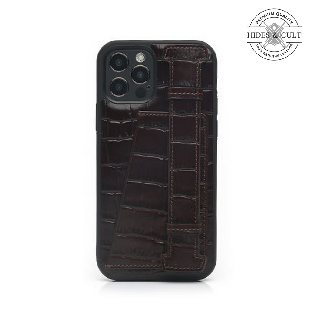 Luxury Brown - Blue Croc Embossed Shockproof Genuine Leather Iphone Case with Handle