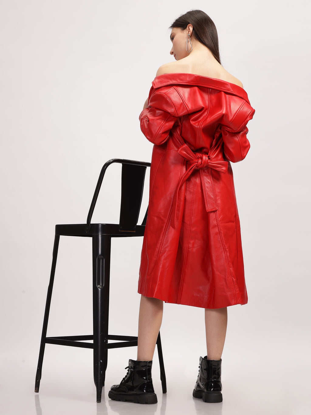 Womens Red Leather Trench Coat Long Coat