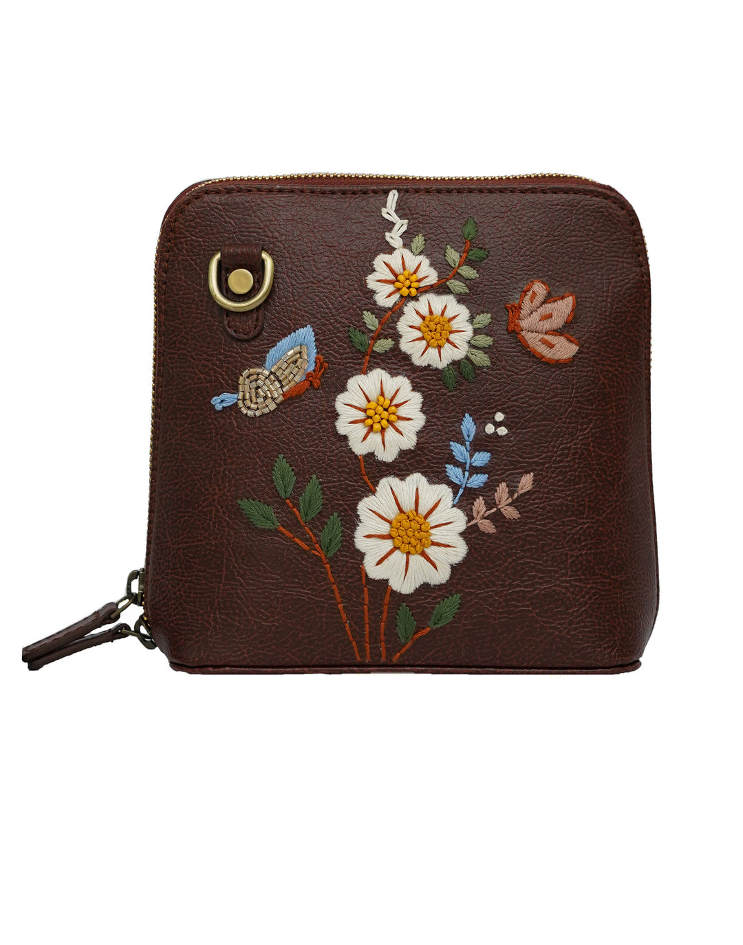 Handcrafted White Daisy Flowers Embroidered Genuine Leather Sling Bag