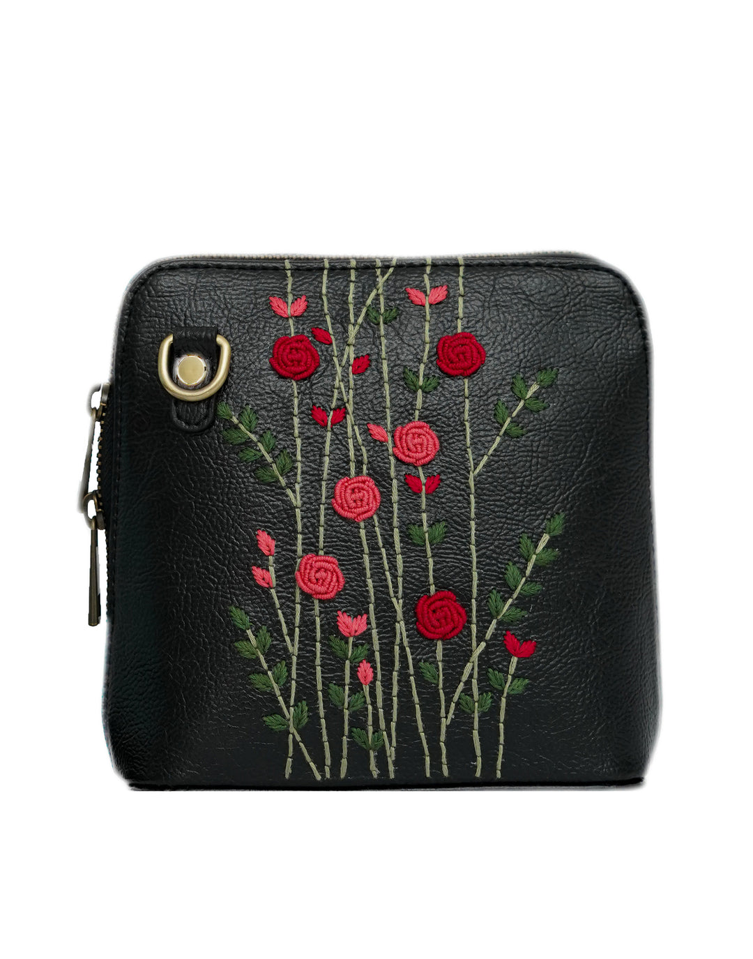 Handcrafted Black - Red Rosebuds Embroidered Genuine Leather Square Sling Bag