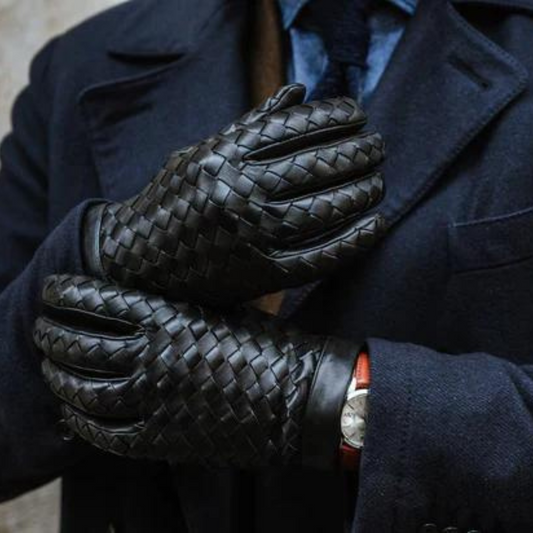 Mens Braided Genuine Leather Gloves in Black