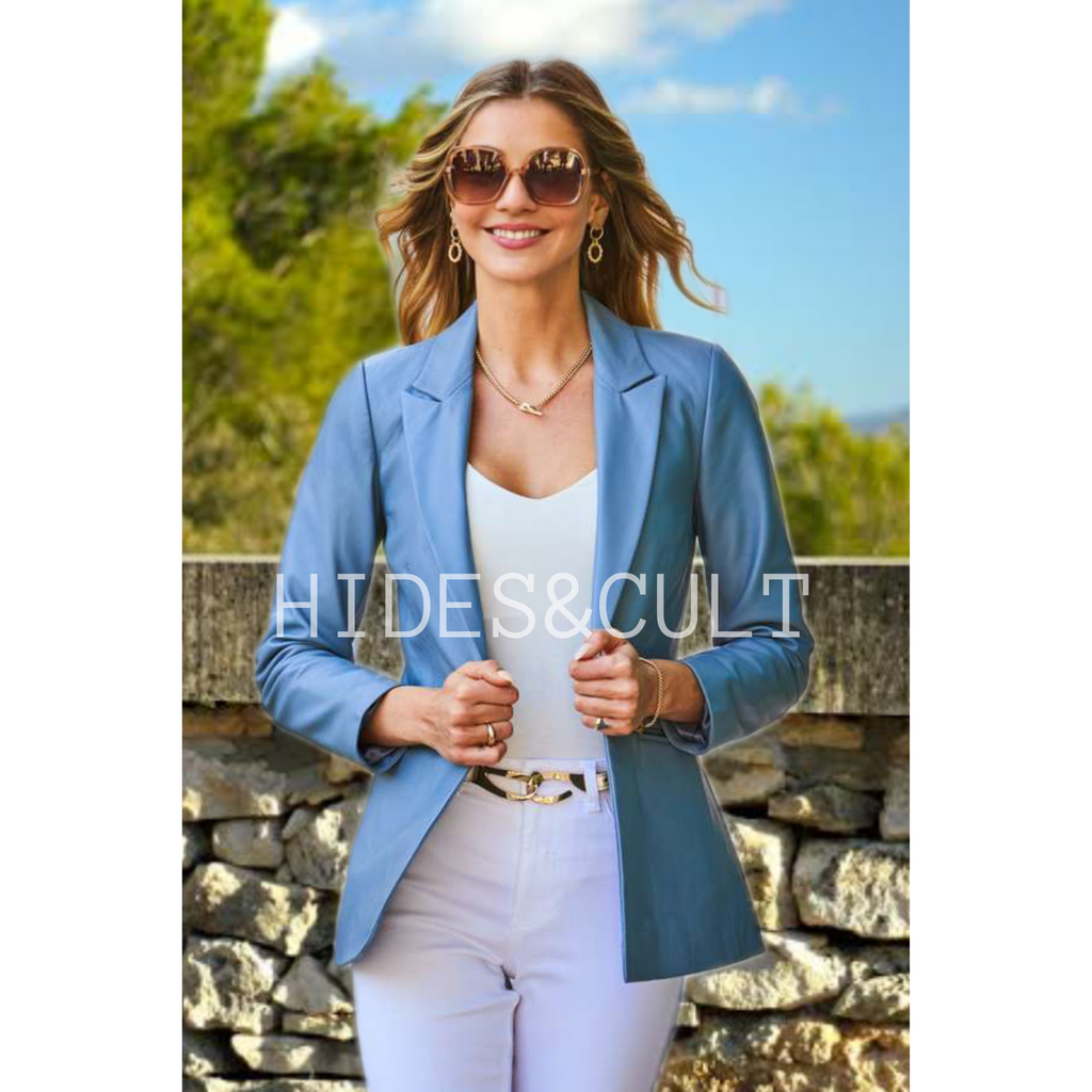 Women's Blue Real Leather Business Blazer