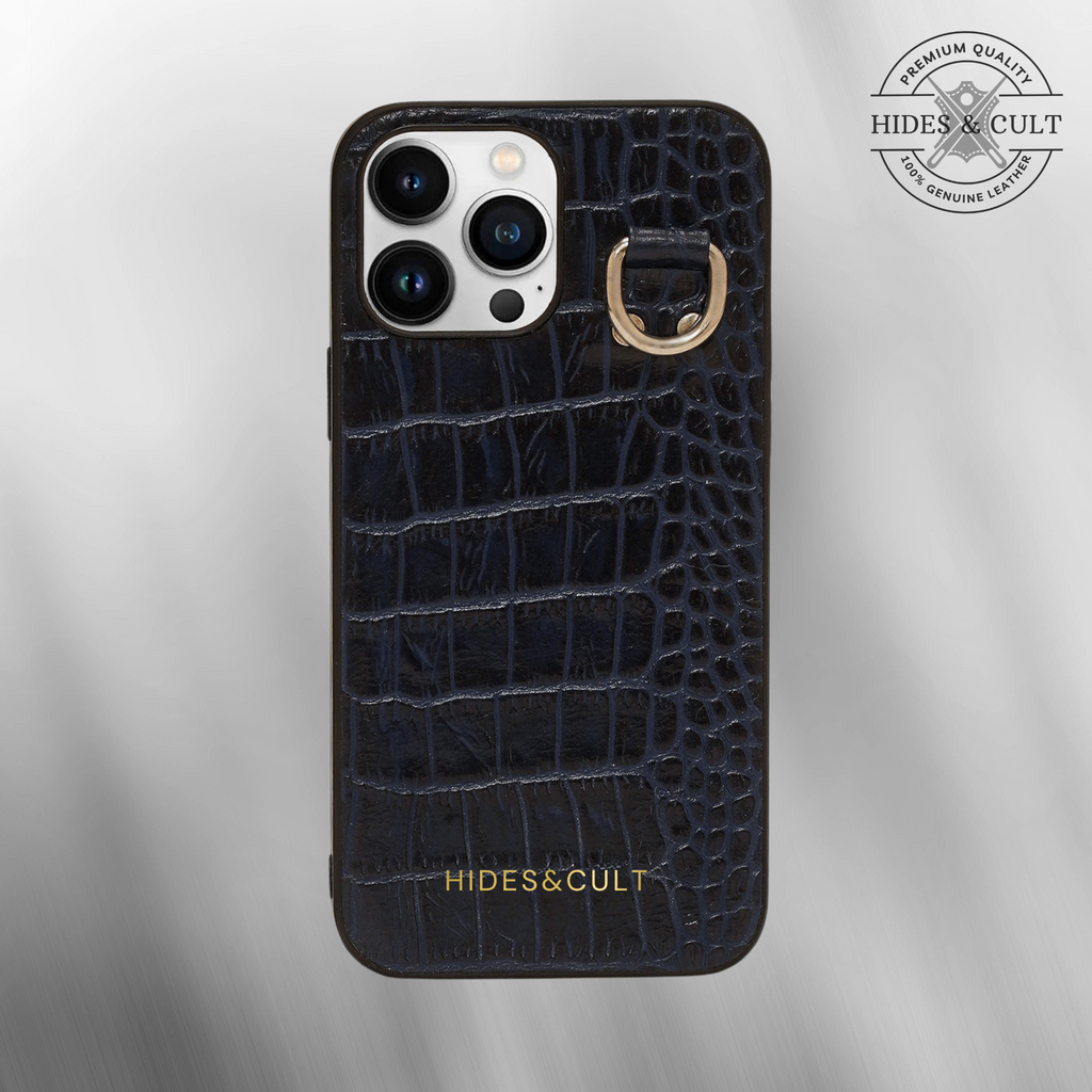 Luxury iPhone Chained Croc Case - Blue Patent Croc Embossed Effect Genuine Leather Iphone Case