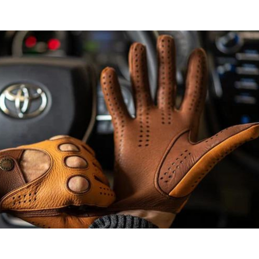 Mens Cognac Brown Two Tone Driving Gloves in Sheep Leather