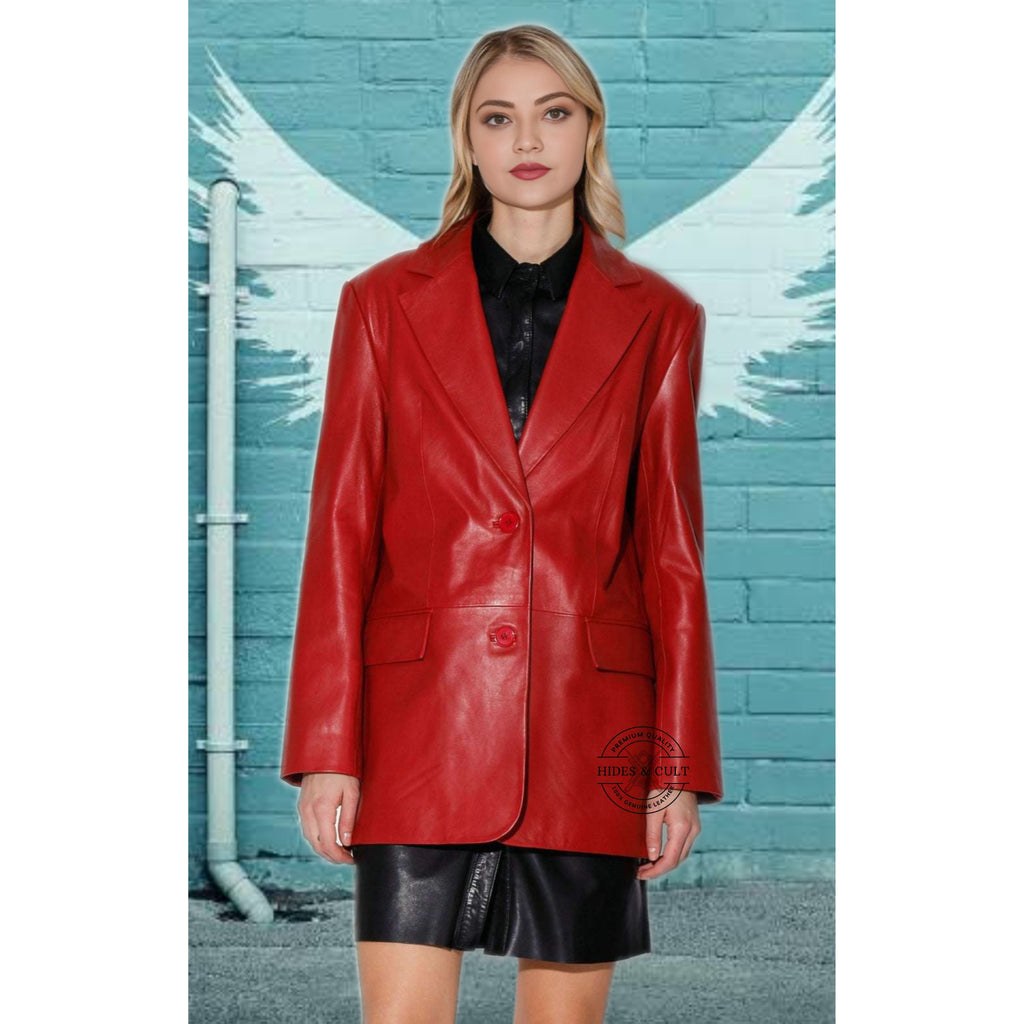 Women's Blood Red  Real Leather Business Blazer