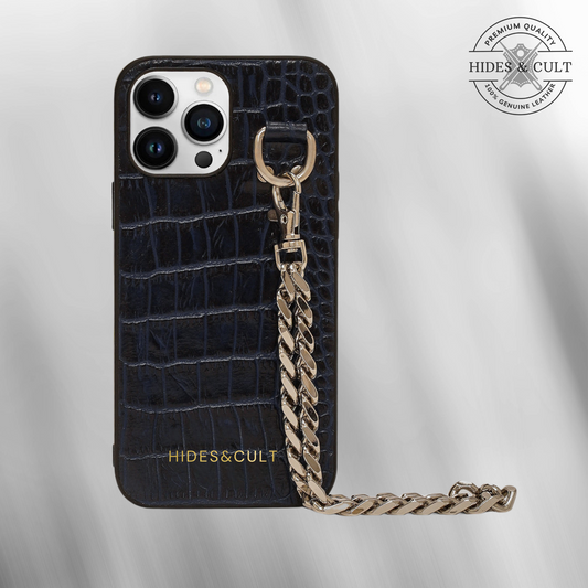 Luxury iPhone Chained Croc Case - Blue Patent Croc Embossed Effect Genuine Leather Iphone Case