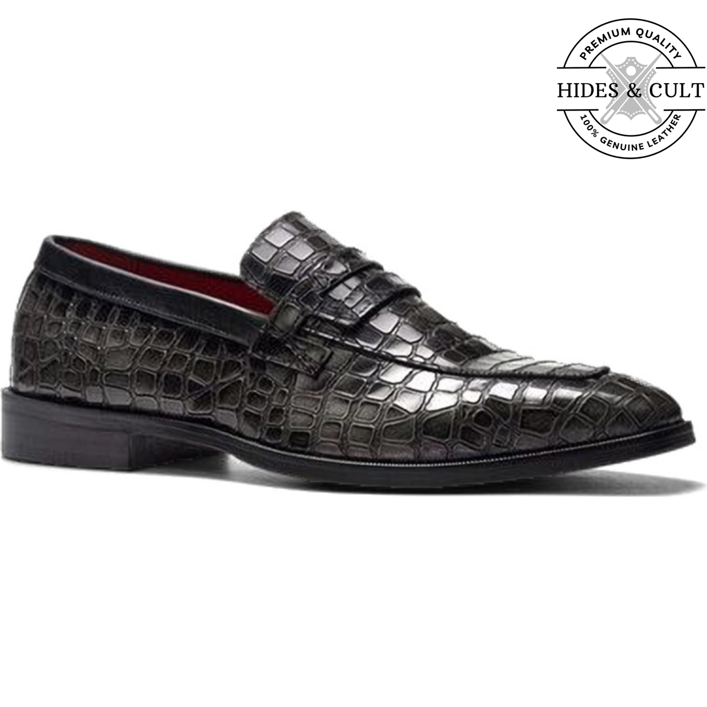 Grey Tone Croc Leather Moccasin Loafers | Hides&Cult