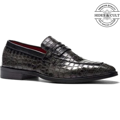 Grey Tone Croc Leather Moccasin Loafers | Hides&Cult