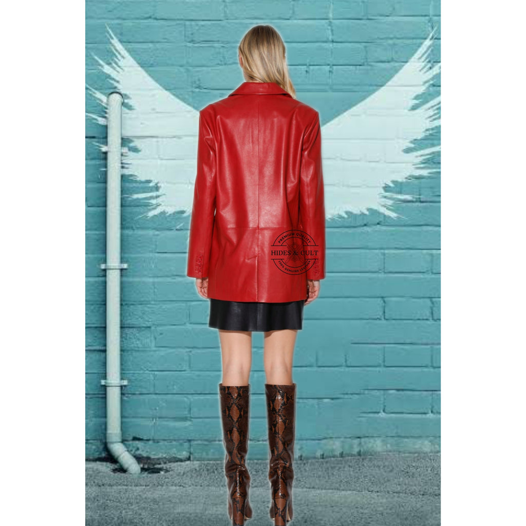 Women's Blood Red  Real Leather Business Blazer