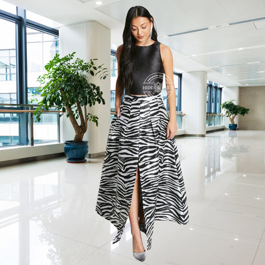 Womens Black - White Zebra Foil Print Genuine Leather Maxi Skirt