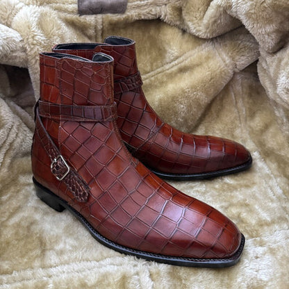 Croco High Ankle Jodhpur Boots - Dark Tan | Hides&Cult