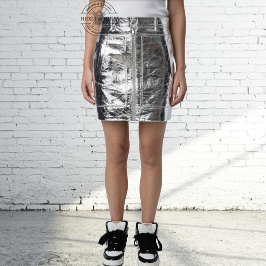 Womens Crackled Silver Metallic Foil Effect Genuine Leather Mini Skirt with Pockets