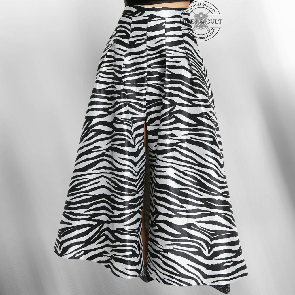 Womens Black - White Zebra Foil Print Genuine Leather Maxi Skirt