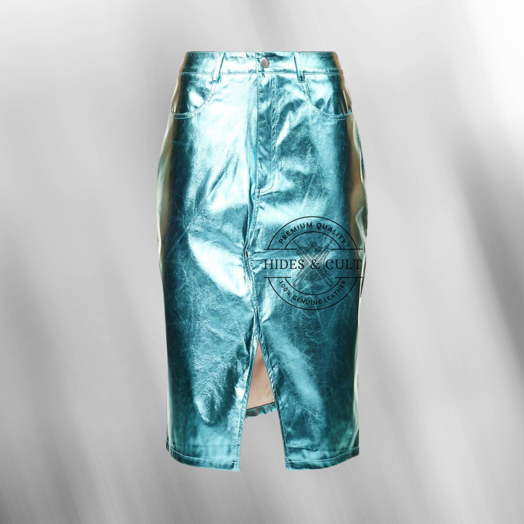 Womens Ice Blue Metallic Foil Effect Multi Pockets Genuine Leather Pencil Skirt