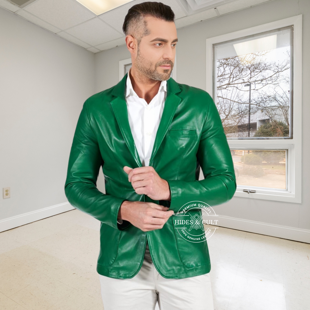 Men's Green Slim Fit Business Leather Blazer