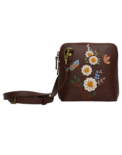 Handcrafted White Daisy Flowers Embroidered Genuine Leather Sling Bag