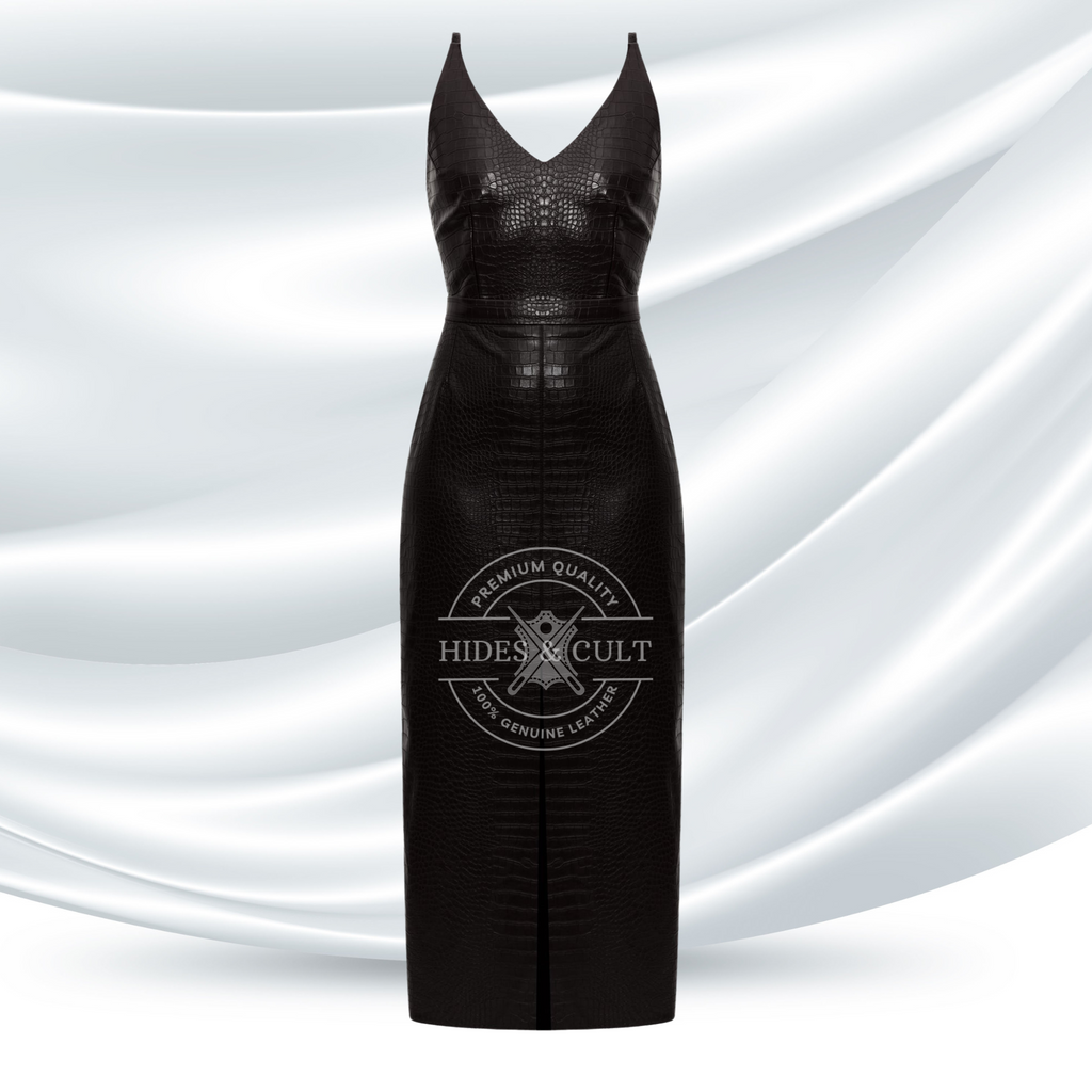 Black Croc embossed Tailored Long Leather Cocktail Dress