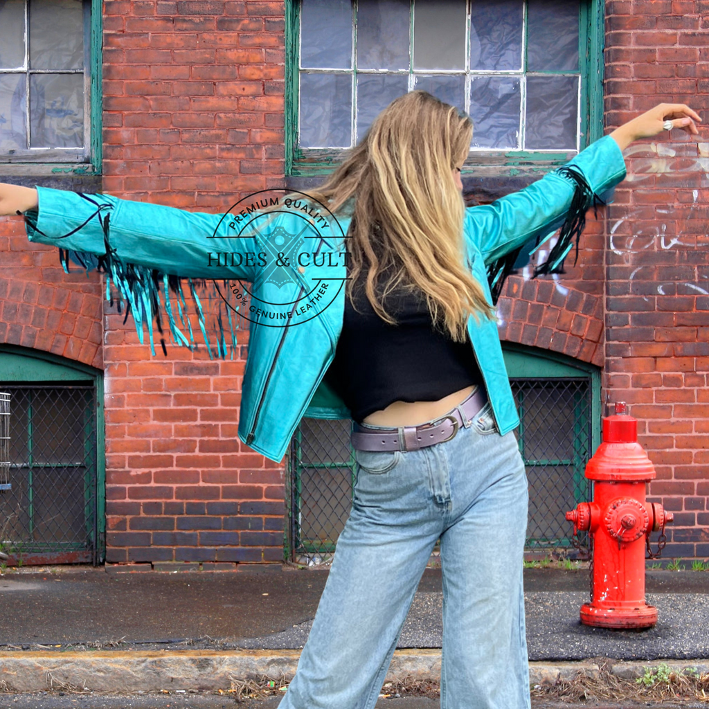 Womens Blue Metallic Foil Fringed Leather Jacket
