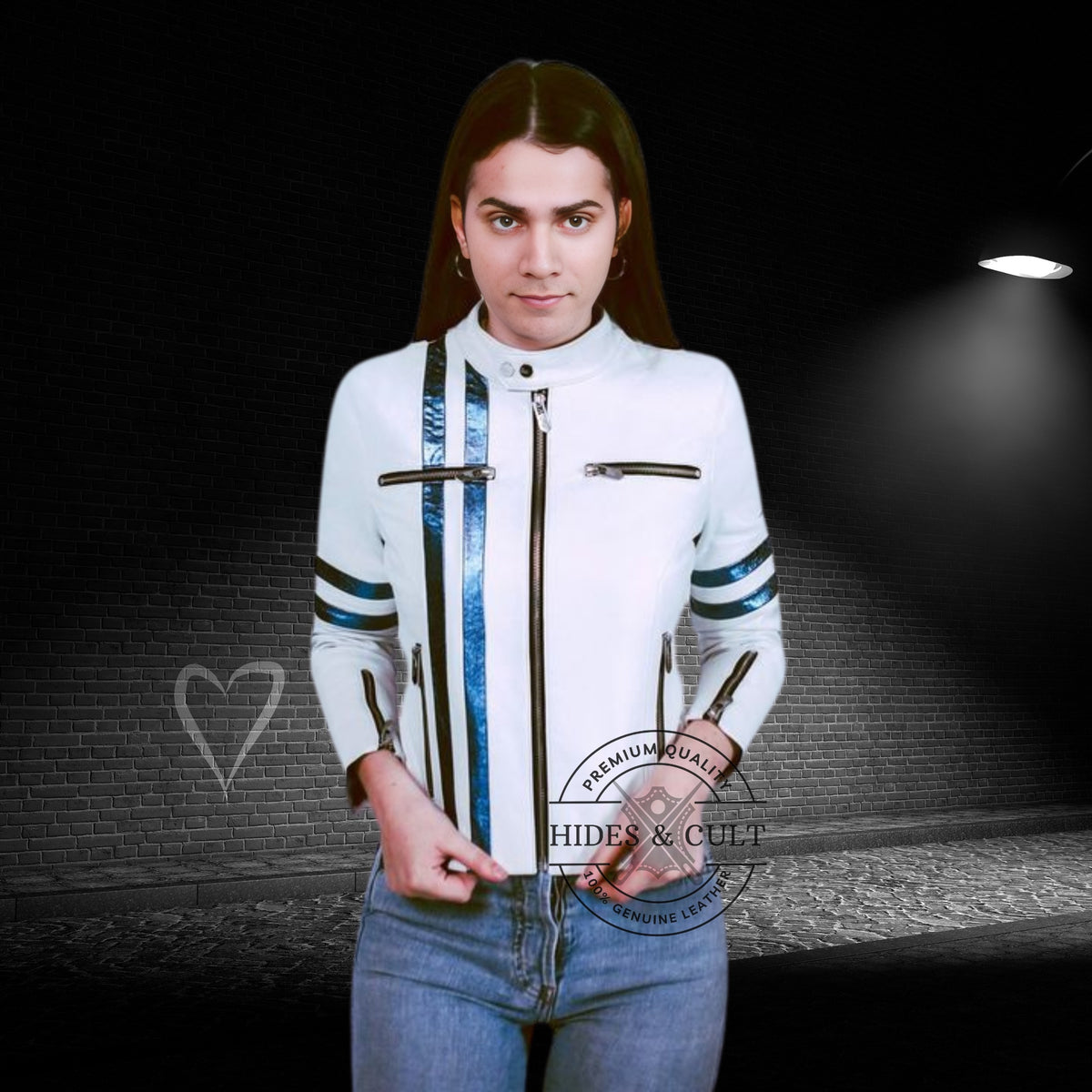 Womens White - Black Stripes Motorcycle Racer Leather Jacket