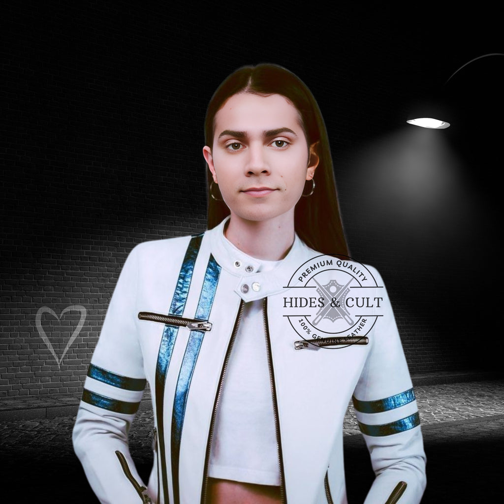 Womens White - Black Stripes Motorcycle Racer Leather Jacket