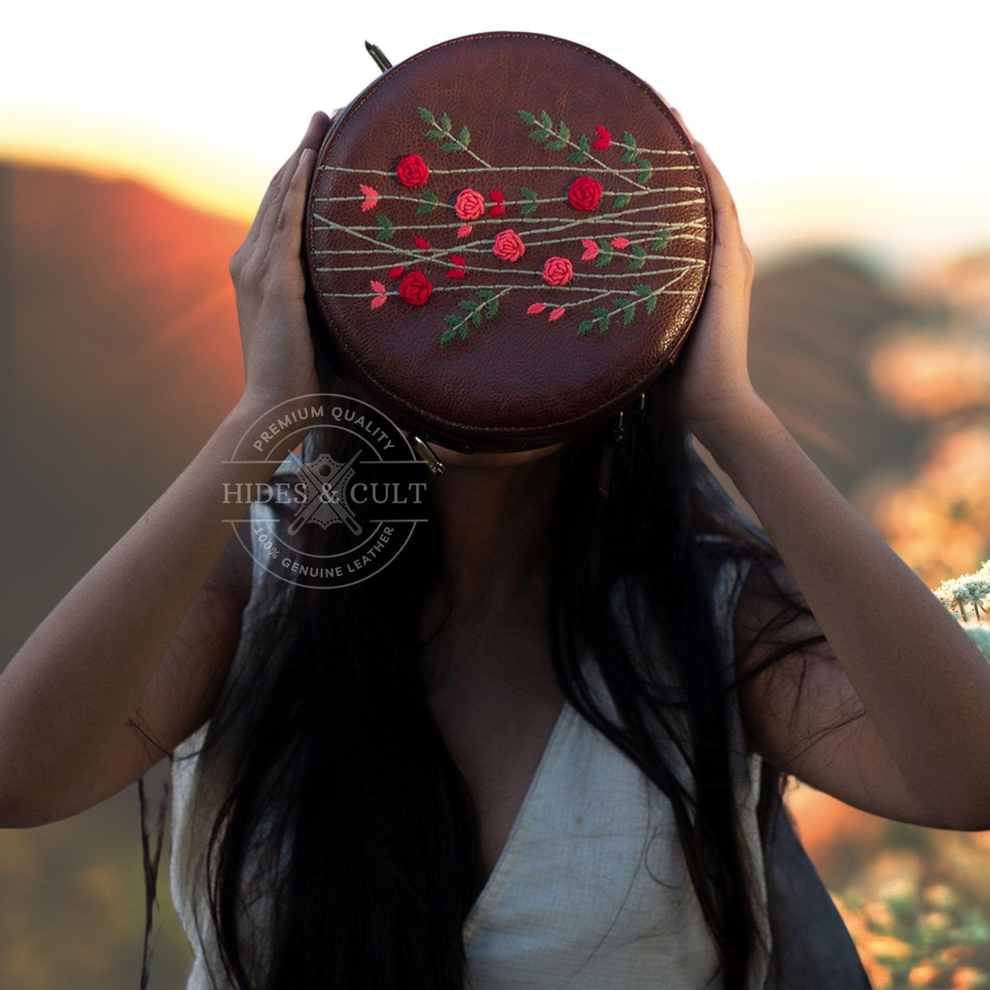 Handcrafted Brown - Red Rosebuds Embroidered Round Genuine Leather Sling Bag