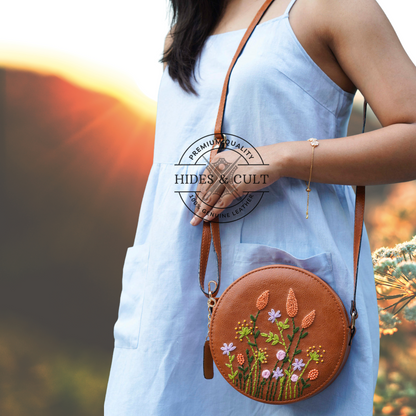 Handcrafted Tan - Orange Cornfield Embroidered Round Genuine Leather Sling Bag