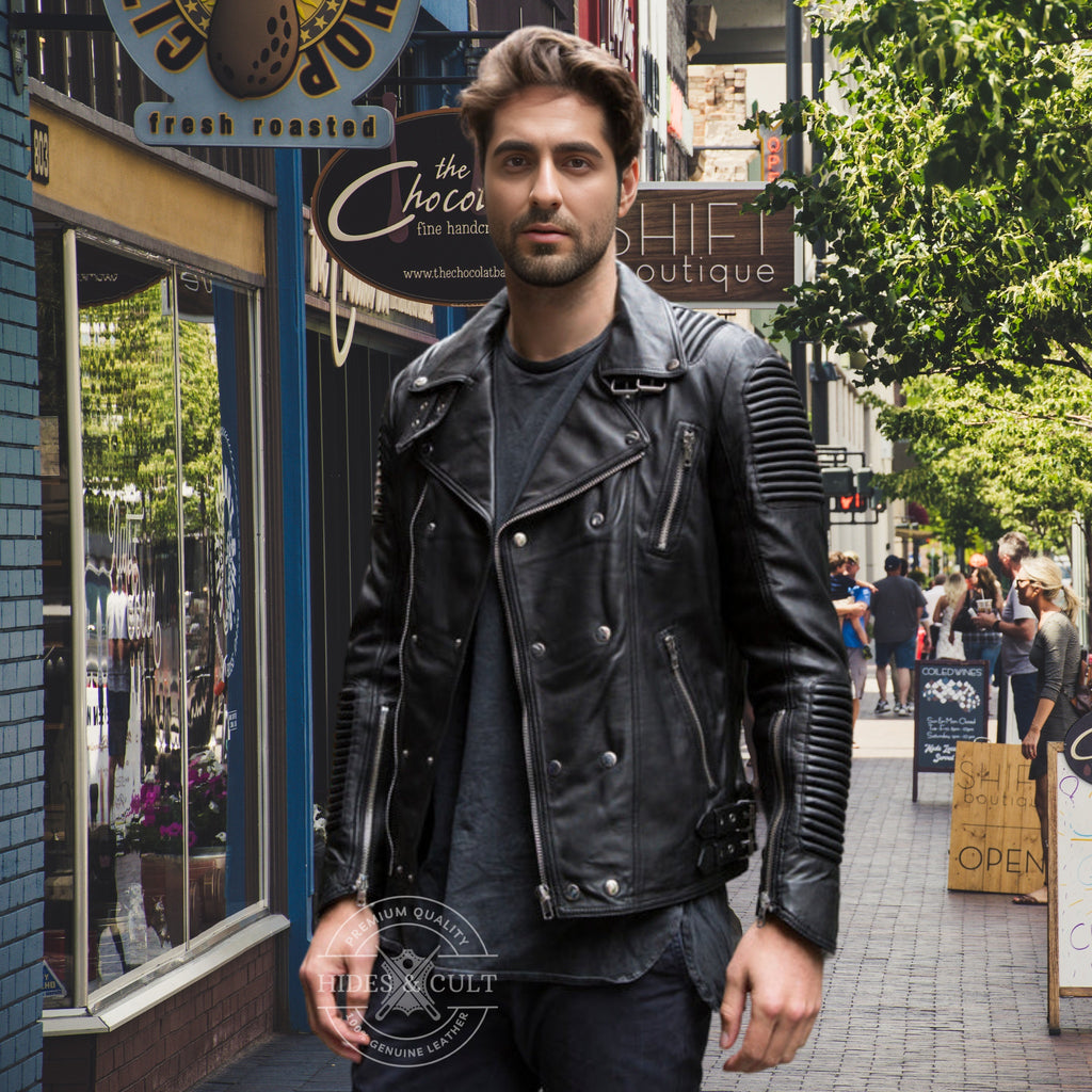 Mens Black Slim Fit Motorcycle Biker Leather Jacket