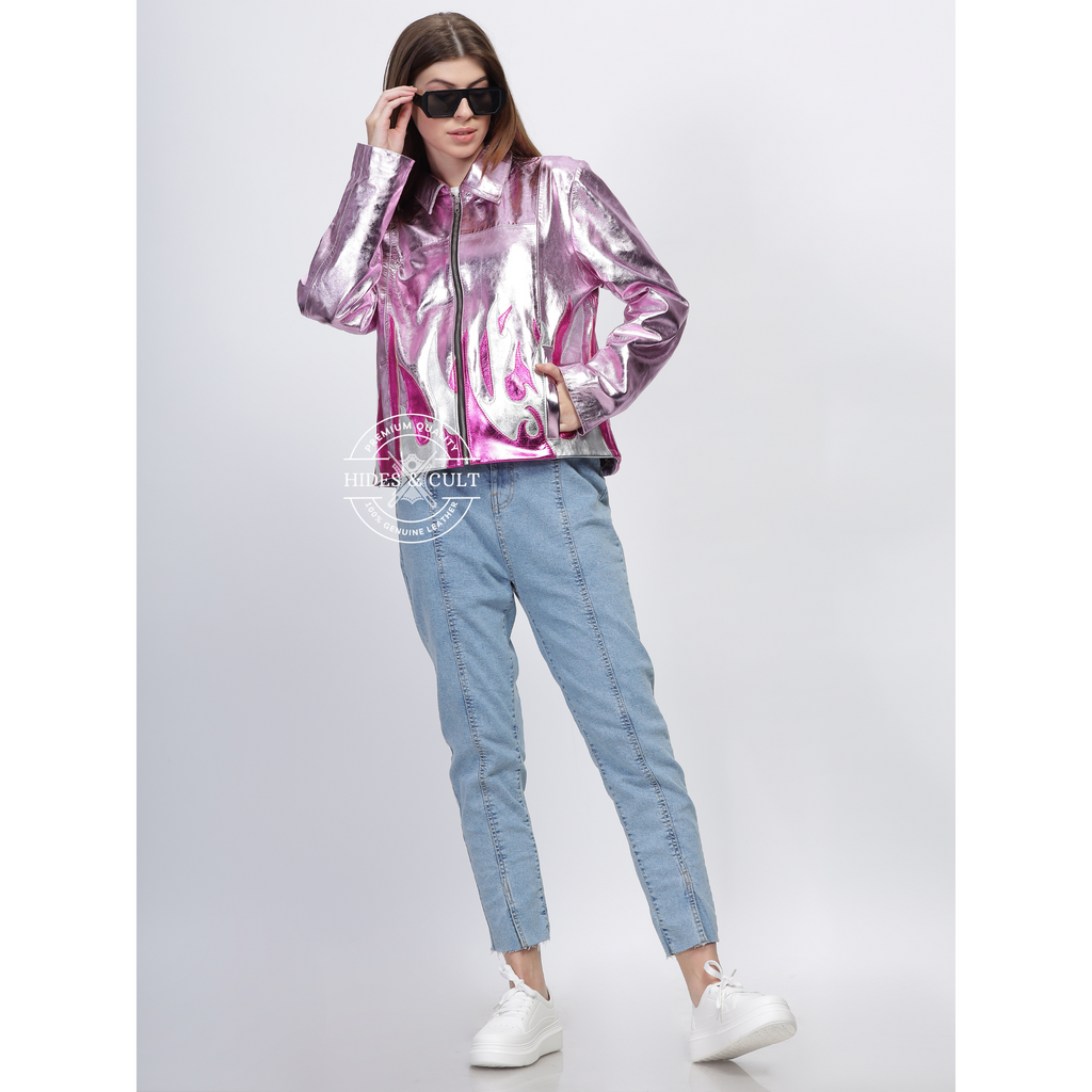 Womens Pink Metallic Foil Fire Effect Genuine Leather Jacket
