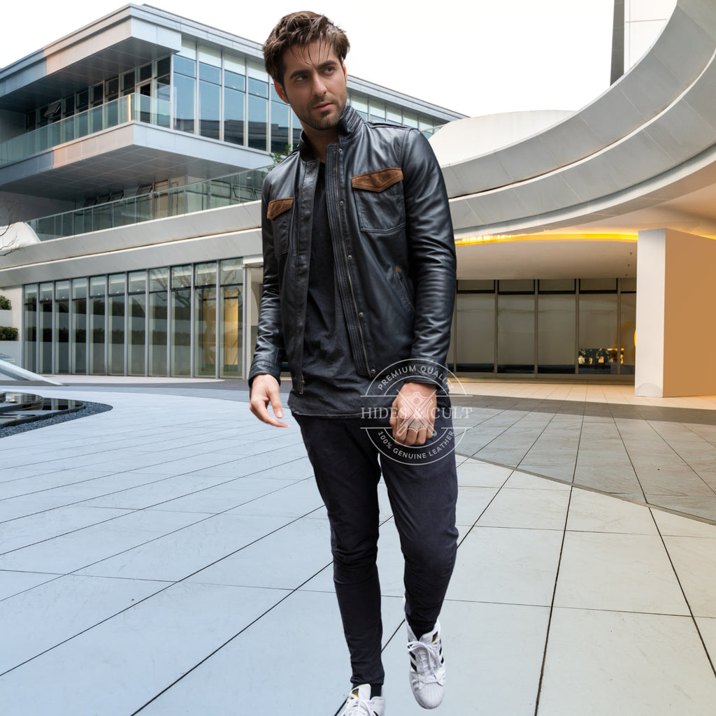 Mens Black - Brown Suede Patch Pocket Genuine Leather Jacket