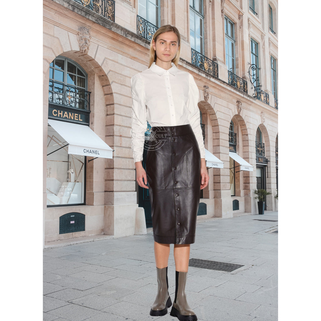 Womens Dark Brown Panelled Genuine Leather Midi Skirt with Pockets