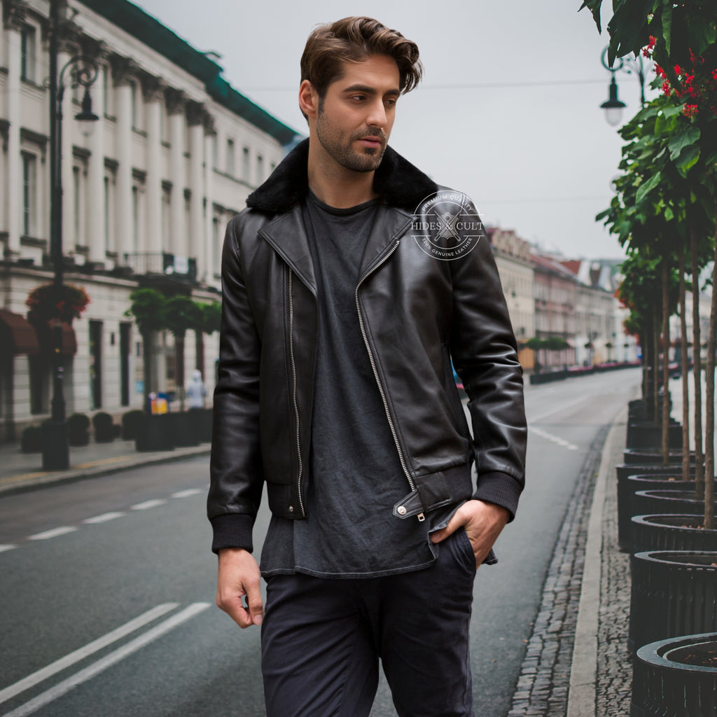 Mens Black Furr Collar Motorcycle Biker Genuine Leather Jacket