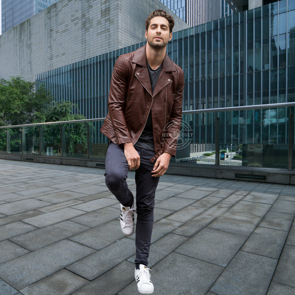 Mens Brown Tailored Motorcycle Biker Genuine Leather Jacket