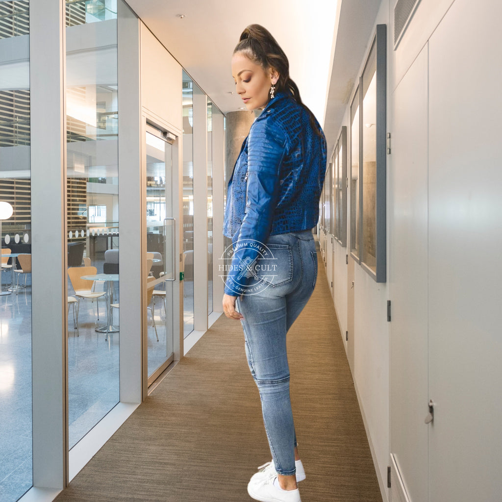 Womens Blue Croc Embossed Effect Motorcycle Biker Genuine Leather Jacket