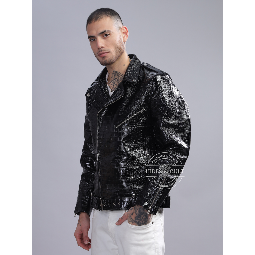 Mens Black Patent Croc Effect Motorcycle Biker Genuine Leather Jacket