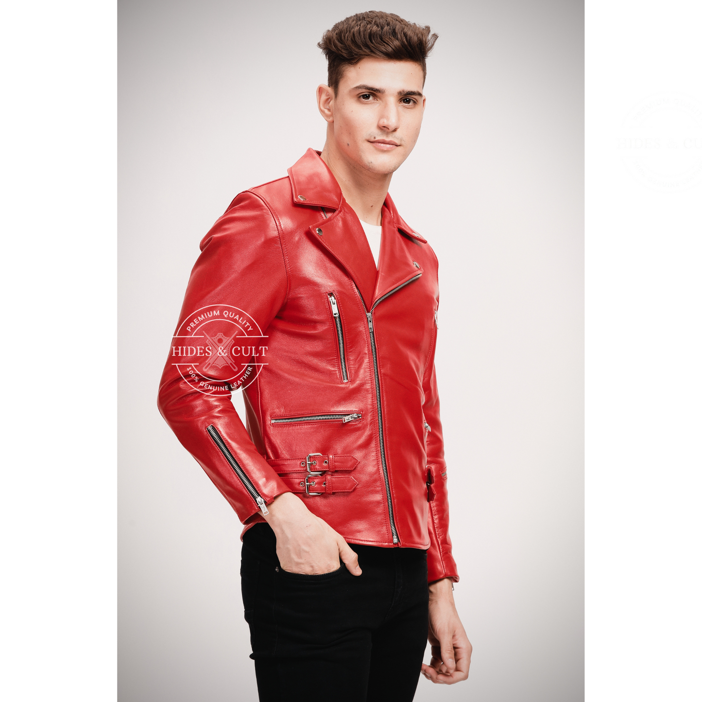 Mens Blood Red Slim Fit Motorcycle Biker Leather Jacket