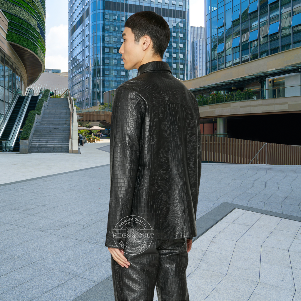 Mens Black Alligator Embossed Effect Genuine Leather Shirt