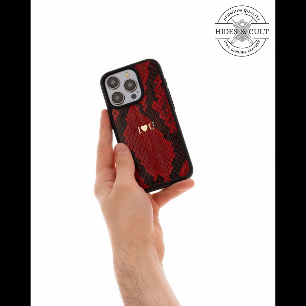 Luxury Red Exotic Python Print Shockproof Genuine Leather Iphone Case