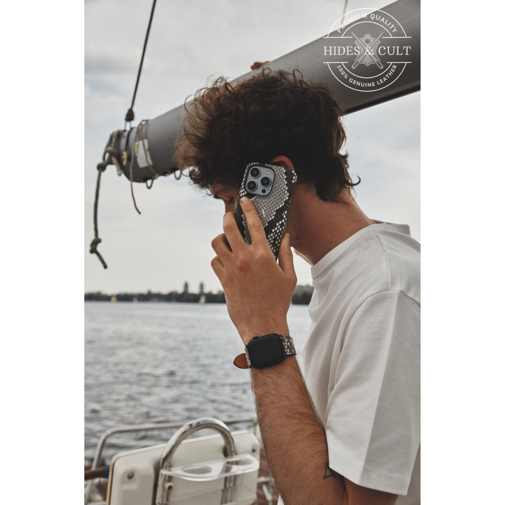 Luxury Exotic Natural Grey - White Python Print Shockproof Genuine Leather Iphone Case