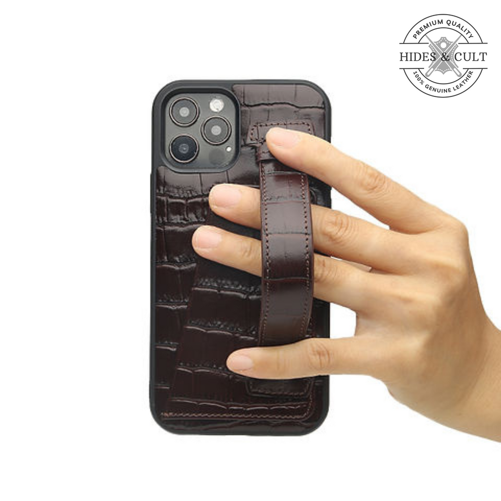 Luxury Brown - Blue Croc Embossed Shockproof Genuine Leather Iphone Case with Handle