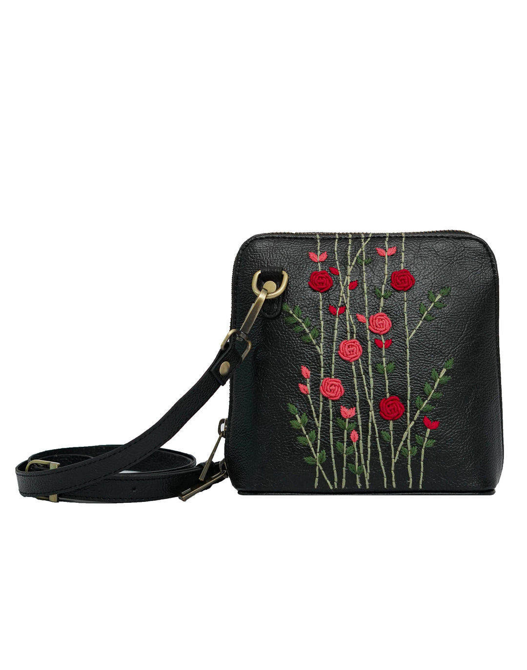 Handcrafted Black - Red Rosebuds Embroidered Genuine Leather Square Sling Bag