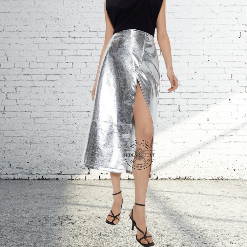 Womens Silver Metallic Foil Effect Genuine Leather Long Skirt