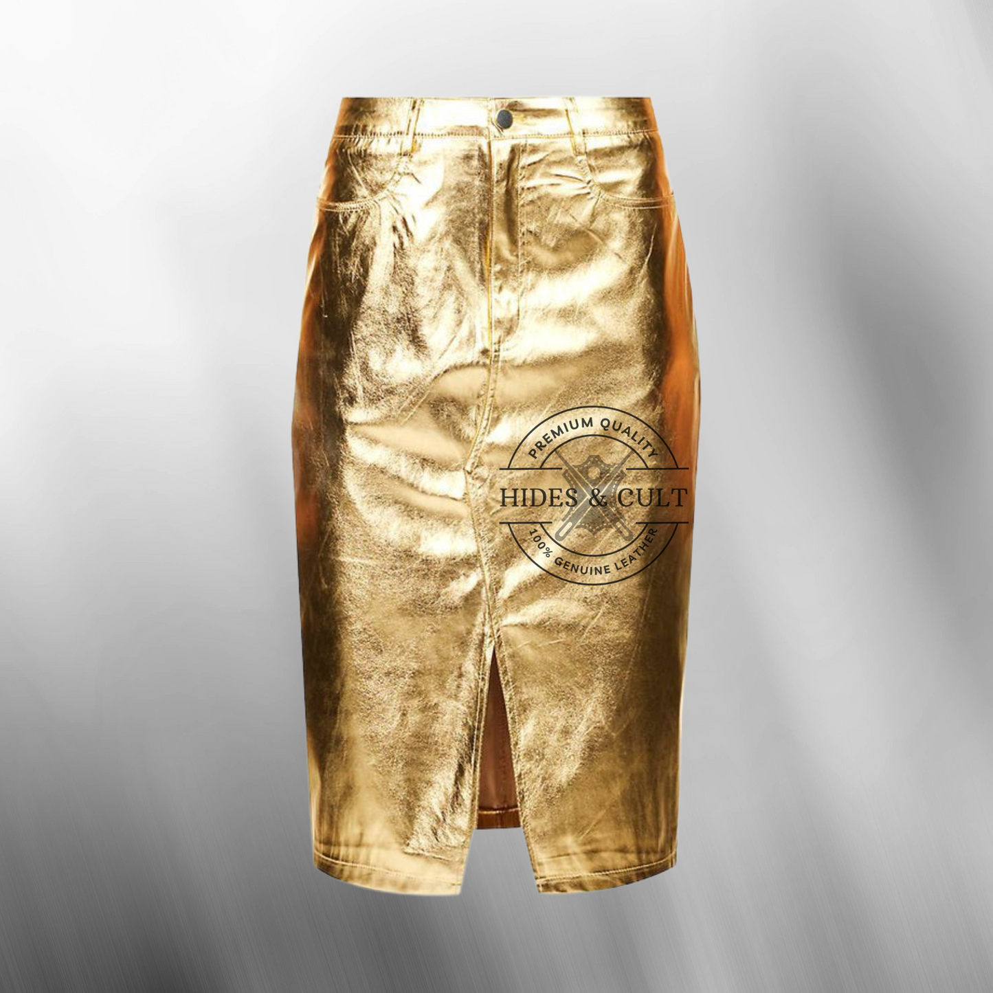 Womens Gold Metallic Foil Effect Multi Pockets Genuine Leather Pencil Skirt