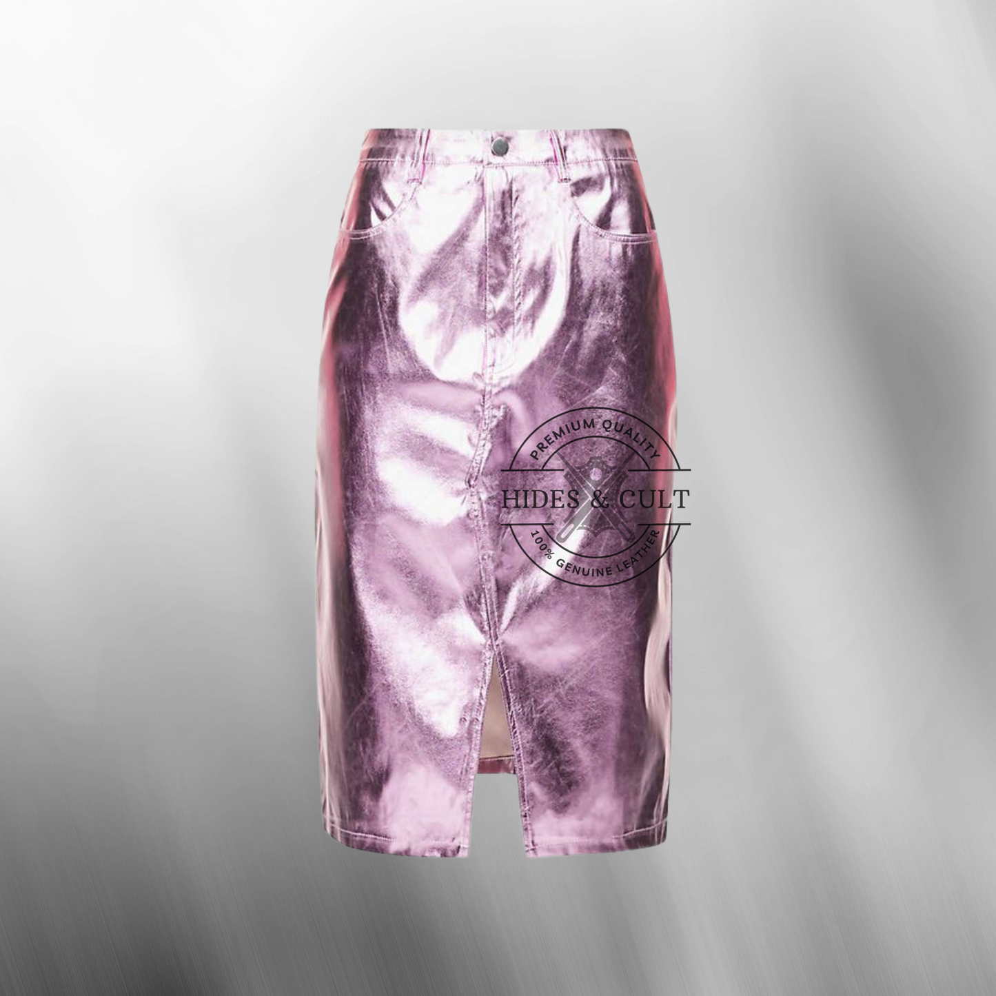 Womens Light Pink Metallic Foil Effect Multi Pockets Genuine Leather Pencil Skirt