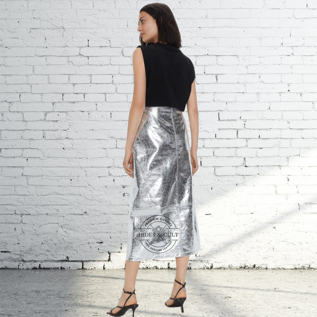 Womens Silver Metallic Foil Effect Genuine Leather Long Skirt