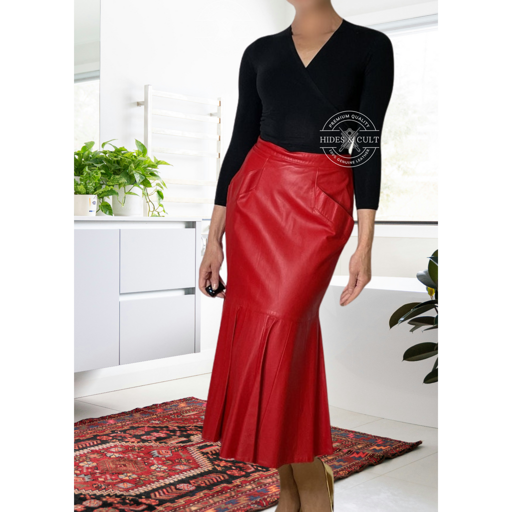 Womens 80s Red Mermaid Fishtail Hem Trumpet Genuine Leather Skirt