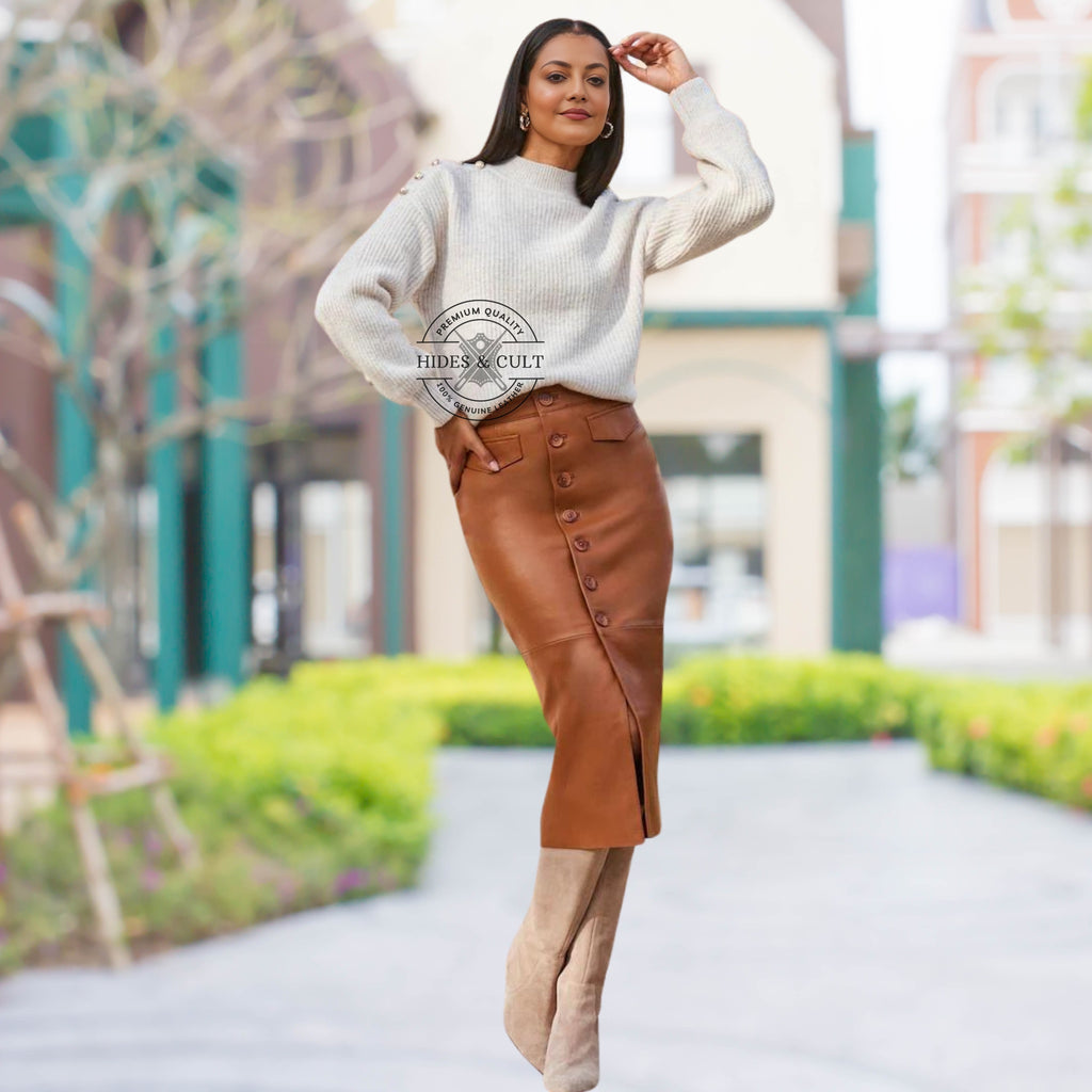 Womens Brown Classic Panelled Genuine Leather Pencil Skirt